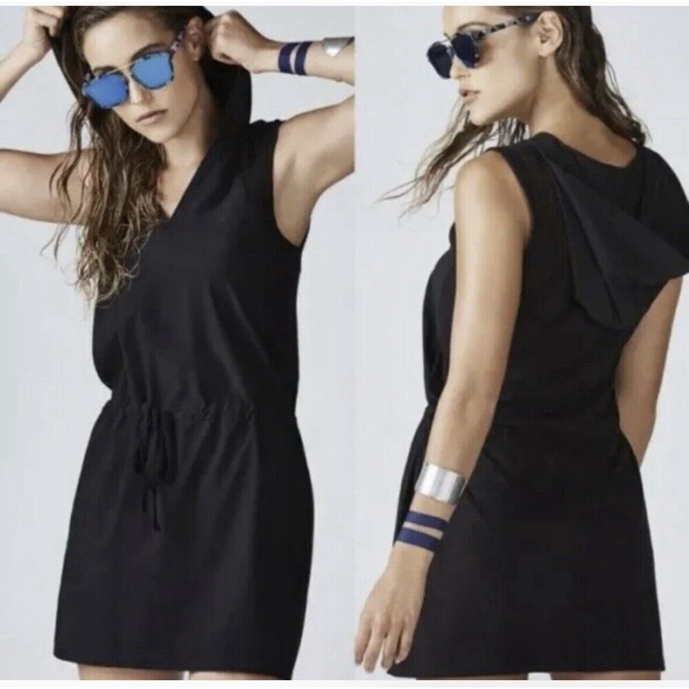 Fabletics Women's Alana Mini Dress Black Mesh Drawstring Waist Hoodie Sz. XS
